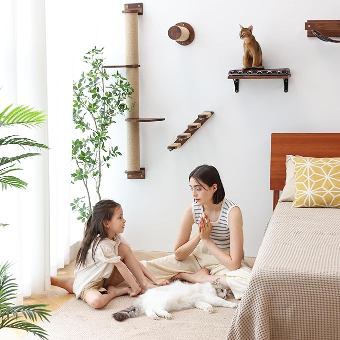 FUKUMARU Floating Wall Shelf with Cat Faux Lamb Mat, 0.79 Inch Thick Solid Rubber Wood Hanging Shelves, 15.7 x 10 Inch (Walnut Shelf with Kitten Memory Foam Pad)