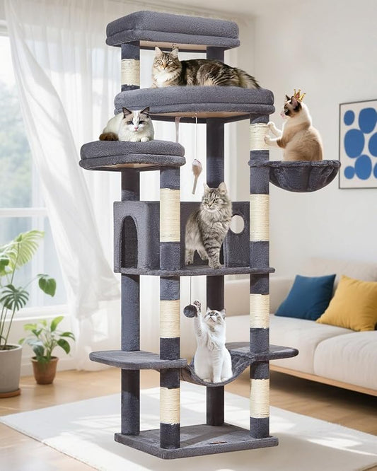 Taoqimiao 71 Inches Cat Tree for Large Cats 20lbs+, 3 Giant Perches, Multi-Level Cat Tree Tower, Widened Cat Condo with 9 Scratching Posts, Luxurious Hammcock & Basket, Smoky Gray, MS034G