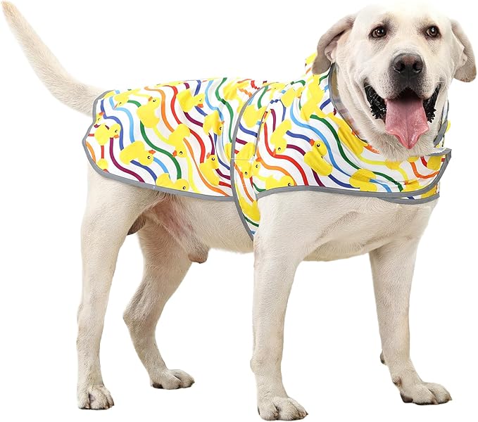 Dog Rain Coat for Large Dogs Waterproof Hooded Rain Jacket with Reflective Strips Leash Hole & Poncho Adjustable Fit (Rainbow,XL)