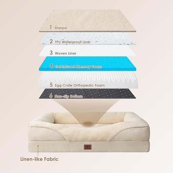 EHEYCIGA Memory Foam Dog Bed for Medium Size, Orthopedic Dog Sofa with Sides and Waterproof Liner, Washable Bolster Pet Couch with Removable Cover, 35x22x6.5 Inch, Beige