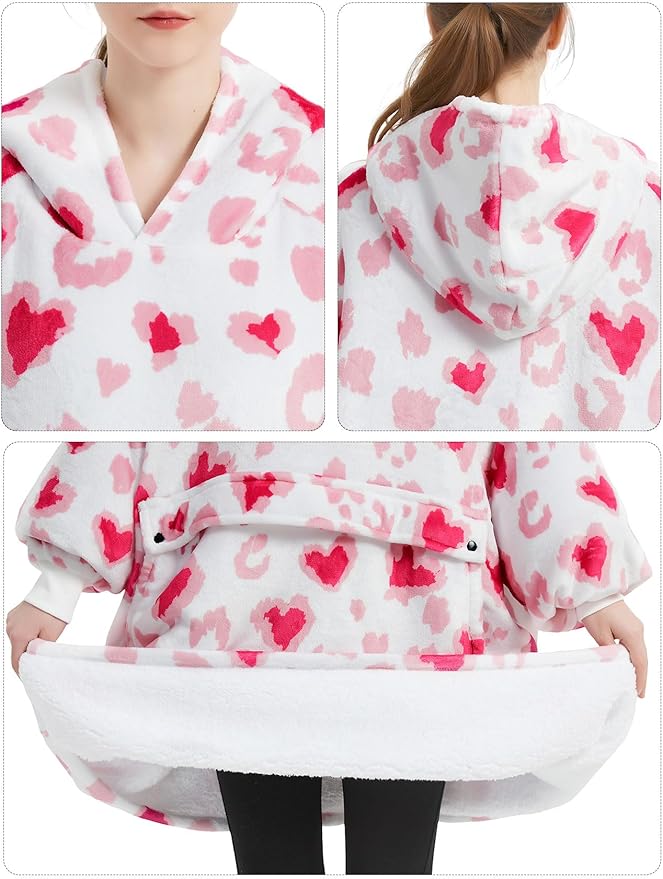 KFUBUO Wearable Blanket Hoodie for Adult Sherpa All Patterns Heart Oversized Hoodie Sweatshirt Blanket with Pockets Valentine Gifts for Her