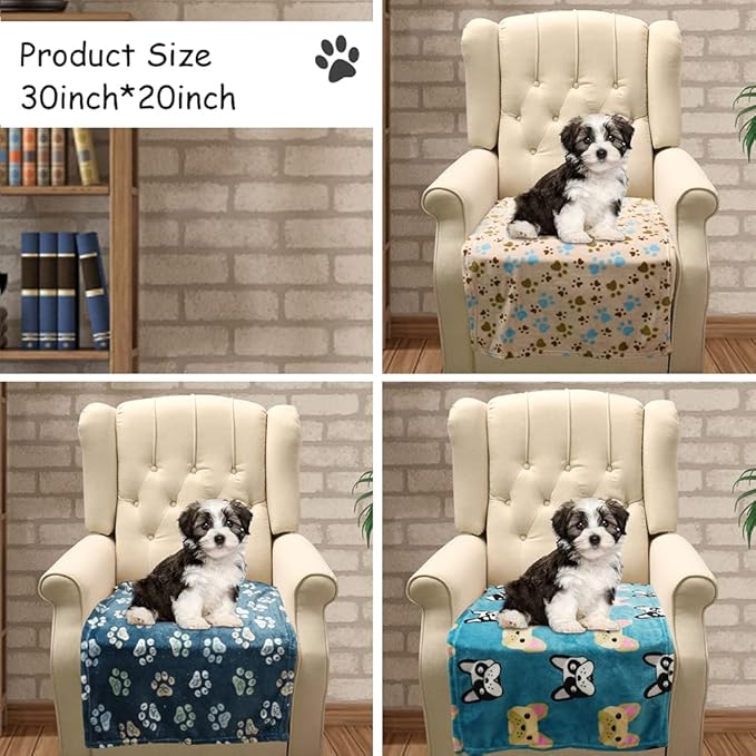 Rezutan Dog Blanket for Medium Dogs, 1 Pack 3 Premium Soft Cat Puppy Blankets, 30x20 inch, Flannel Cute Paw Print for Small Kitten Kennel Crate Bed, Blue/Beige/Navy Blue