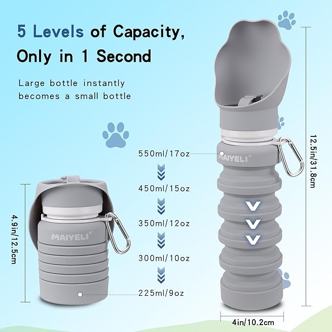 Dog Water Bottle Collapsible & Portable Squeeze, 9oz-17oz Water Dispenser & Folding Bowl,5 Levels Capacity in 1,Carabiner Clip,100% Food-Grade Silicone, Outdoor Walking,Hiking,Travel