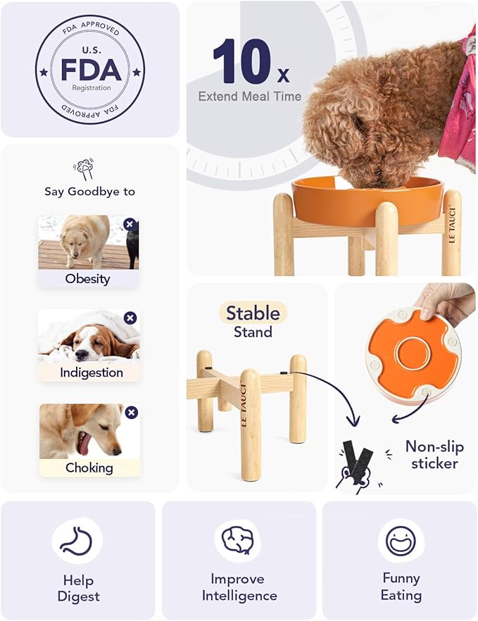 LE TAUCI Ceramic Slow Feed Dog Bowls, Elevated, Anti-Gulping, Non-Slip, 6 inch, Orange