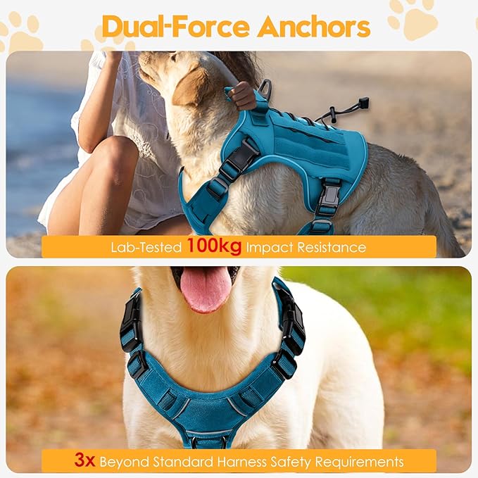 Heavy-Duty Tactical Dog Harness for Large Dogs, No Pull Adjustable Reflective Pet Vest with Molle System, K9 Military-Grade Control for Service Training, Outdoor & 10+ Breeds, Blue, Large