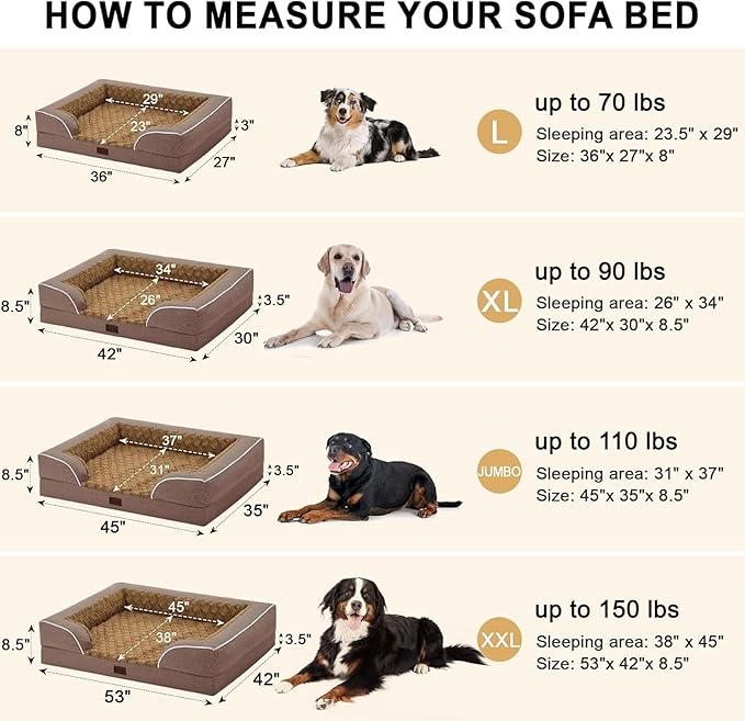 Orthopedic XXL Dog Beds, Waterproof Memory Foam Big Pet Bed for Extra Large Sized Dogs 53x42Inch, Non-Slip Bottom and Egg-Crate Foam Dog Couch Bed with Washable Removable Cover, Brown