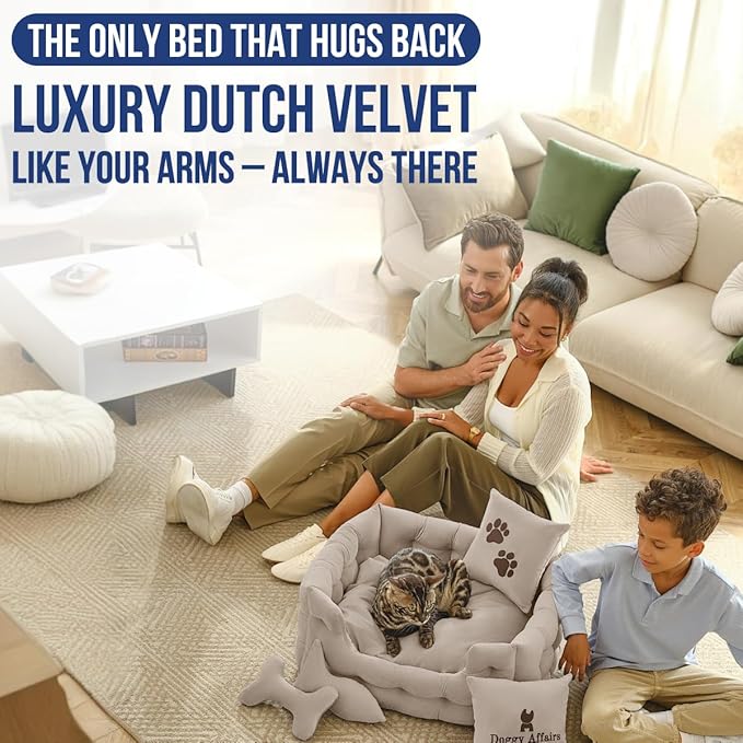 Luxury Cat and Dog Bed Chesterfield – Handcrafted Velvet Throne for Dogs | Joint Support, Calming & Temp-Regulating Comfort | Durable 5+ Years, Anti-Claw, Washable 100+ Times – S, Ivory