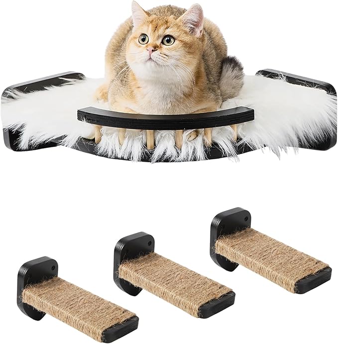 Cat Wall Shelves - 3 Steps Scratch Post & Hammock Bed with Plush Cover, Climbing Shelf for Indoor Cats (Black)