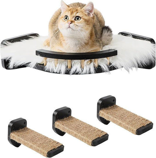Cat Wall Shelves - 3 Steps Scratch Post & Hammock Bed with Plush Cover, Climbing Shelf for Indoor Cats (Black)
