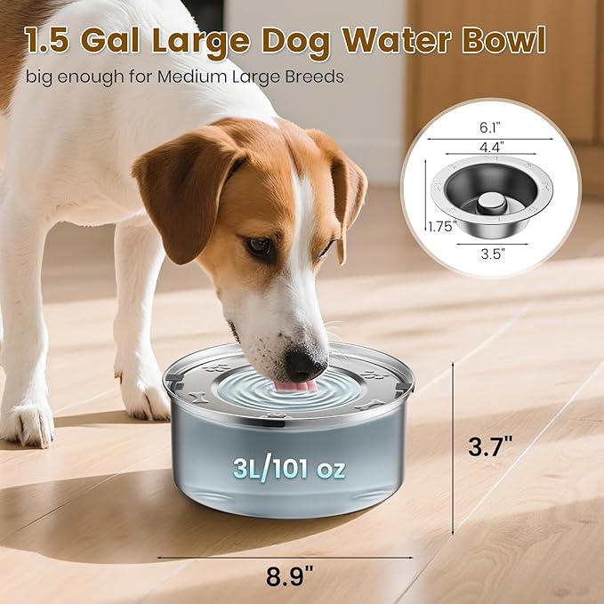 Dog Water Bowl No Spill 3L Stainless Steel,Spill Proof Slow Water Bowl for Dogs,Non-Slip Slobber Stopper Slow Drinking Feeder for Sloppy Messy Drinkers, Indoor and Outdoor Use
