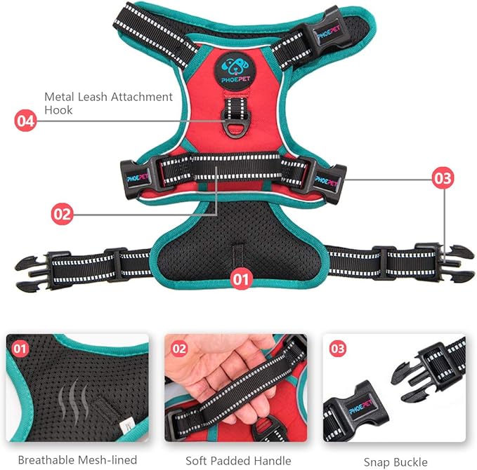 PHOEPET 2019 Reflective Dog Harness Large Breed Adjustable No Pull Vest with with Handle 2 Metal Rings 3 Buckles [Easy to Put on & Take Off](XL, Red)