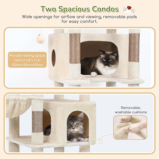 Globlazer Heavy Duty Cat Tree, 74in Sturdy Cat Tower for Large Cats Adult, Big Cat Tree with 5 Sisal Scratching Posts, 2 Padded Condos, 2 Dual-Ear Hanging Baskets, Enlarged Top Perch, S74, Beige