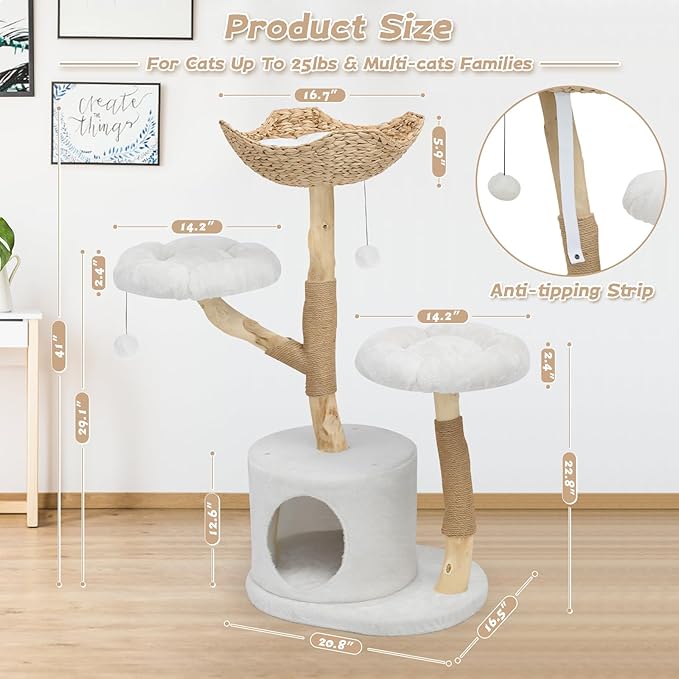 Modern Cat Tree Tower, Solid Wood Multi-Level w/ 2 Flower Perches, Scratching Post, Hanging Ball - Luxury Boho Cat Furniture w/Condo & Wicker Basket for Indoor Cats