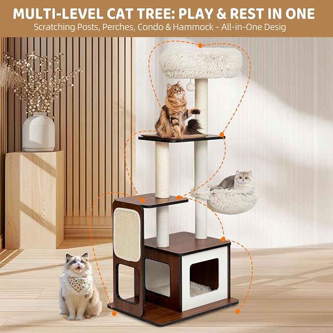 54-Inch Premium Multi-Level Modern Cat Tree & Tower - Unique Design Indoor Cat Condo with Scratching Posts, Hammock, Top Perch & Interactive Drop Ball Toy
