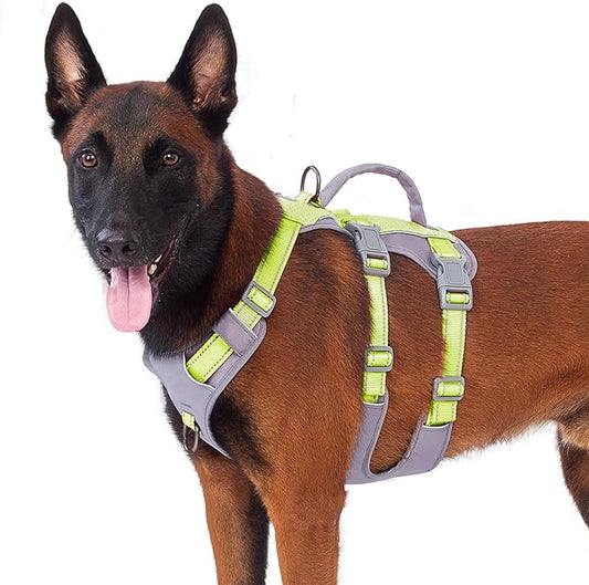 Huntboo Reflective Dog Harness with Handle, Escape Proof, No Slip, Breathable, Lightweight, Adjustable Lift Harness for Small, Medium, and Large Dogs Walking, Training,and Running Gear(Bright Green,L)