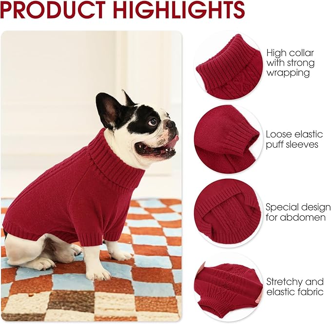 SAWMONG Dog Sweater for Small Dogs, Turtleneck Knitted Pullover Sweatshirt, Classic Winter Warm Pet Sweater for Boy Girl Cat Sweater (Red, S)