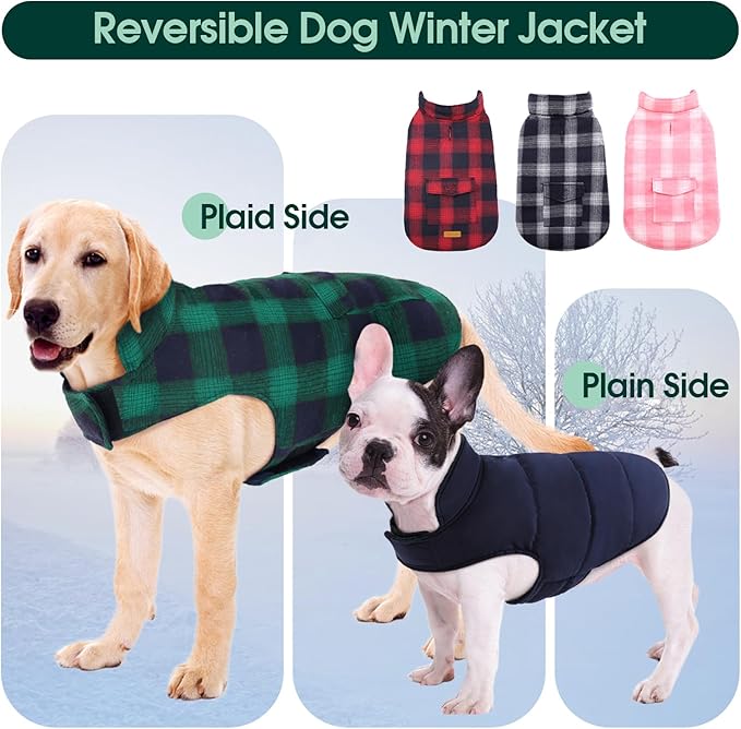 Kuoser Dog Winter Coat, Reversible Dog Jacket, Warm Doggie Coat British Style Puppy Cold Weather Coats, Windproof Pet Clothes for Extra Large Dogs Green XXXL