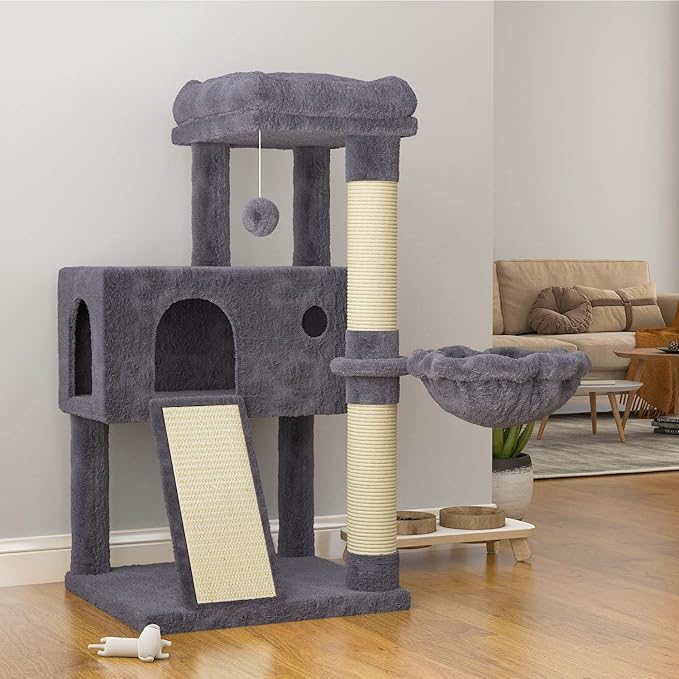 SHA CERLIN Cat Tree 36 Inches Cat Tower with Hammock, Sisal Scratching Post for Indoor Kittens, Small Room, Smoky Grey