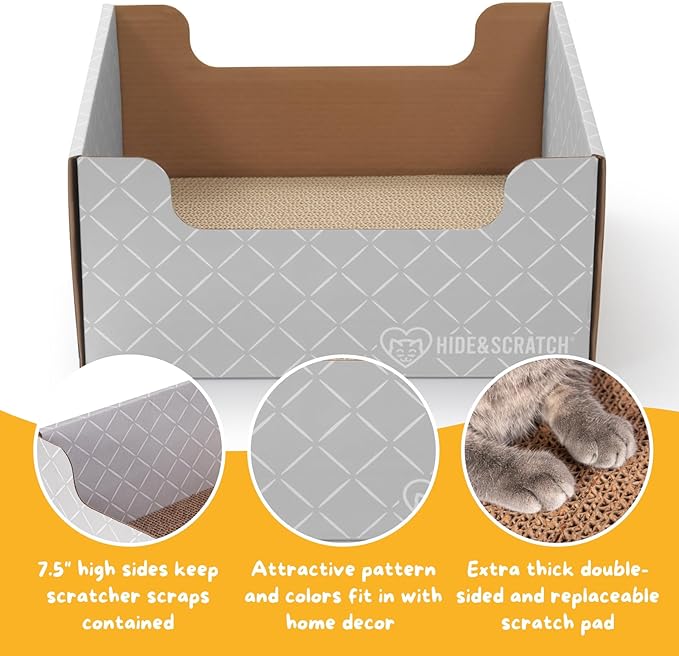 HIDE & SCRATCH Cat Scratcher Box and Cat Bed with Refillable Double-Sided Cardboard Scratch Pad for Indoor Cats
