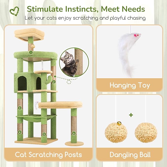 Globlazer Extra Large Platform Cactus Cat Tree, 65in Sturdy Cat Tree for Multiple Indoor Cats Large Adult, Big Cat Tower with 3 Padded Perches, 6 Scratching Posts, Spacious Condo, Hammock, S65, Green