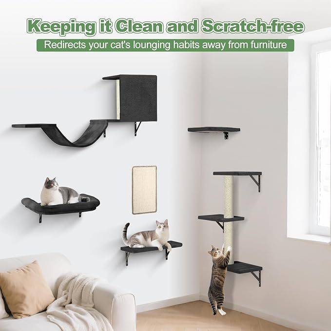 Cat Wall Shelves, Stable Safe 6 in 1 Cat Furniture Set Black, Wooden Climbing Wall with Scratching Post, Wall-Mounted Shelves & Play System