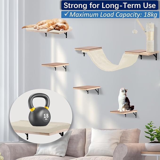 Cat Wall Shelves, Solid Wood Cat Wall Furniture Set, with Cats Bed, Hammock, Felt Ladder, Sisal Scratching Post & Ball (Beige)