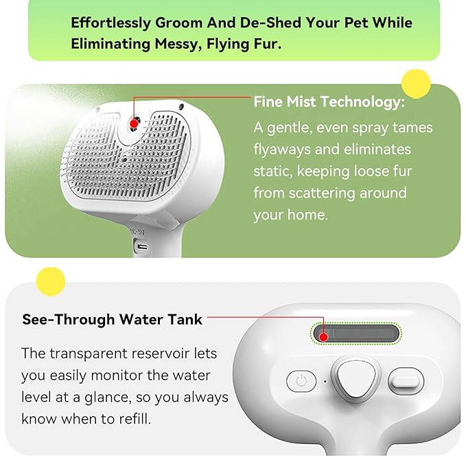Pet Steam Brush, 3-in-1 Spray Hair Removal Comb for Dog and Cat, Steam for Shedding and Grooming, Spritz Defur Comb, Water Brush for Long & Short Haired Pets