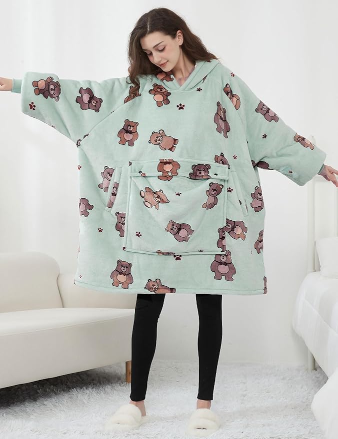 KFUBUO Wearable Blanket Hoodie for Adults Sherpa All Patterns Bear Oversized Sweatshirt Blanket with Pockets Cute Birthday Gifts for Women Green