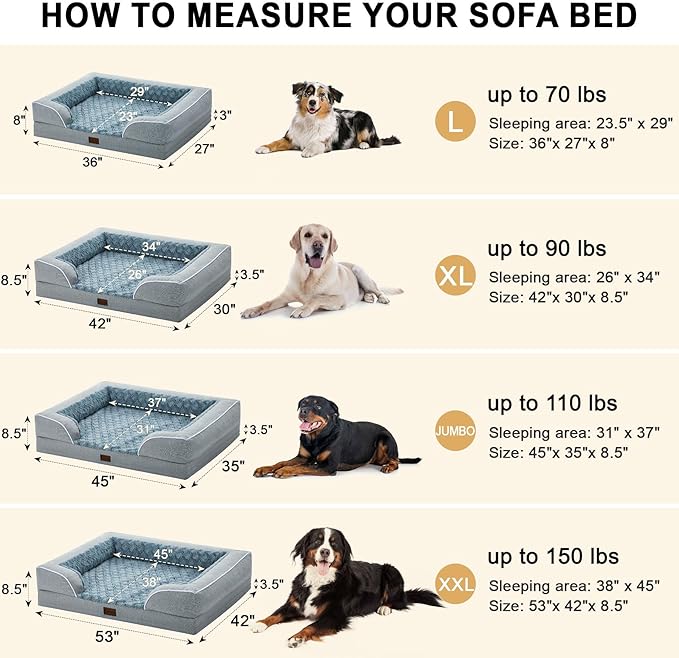 Orthopedic XXL Dog Beds, Waterproof Memory Foam Big Pet Bed for Extra Large Sized Dogs 53x42Inch, Non-Slip Bottom and Egg-Crate Foam Dog Couch Bed with Washable Removable Cover, Light Grey