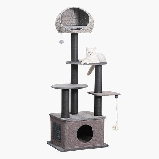 Catry 62" High 6 Level Mordern Cat Tree with Large Base Condo, Top Hoodie Bed, Quilted Velvet Pad Steps, Replaceable Scratching Posts,for Multi- Cats Homes(Dark Gray)