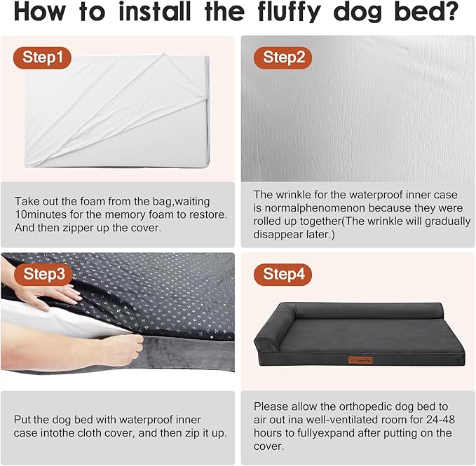 Orthopedic Dog Beds Large Sized Dog, Memory Foam Pet Bed for Medium and Large Dogs, Removable and Washable Microsuede Cover, TPU Waterproof Liner, Nonskid Bottom, 44x32x6 Inches, Dark Grey