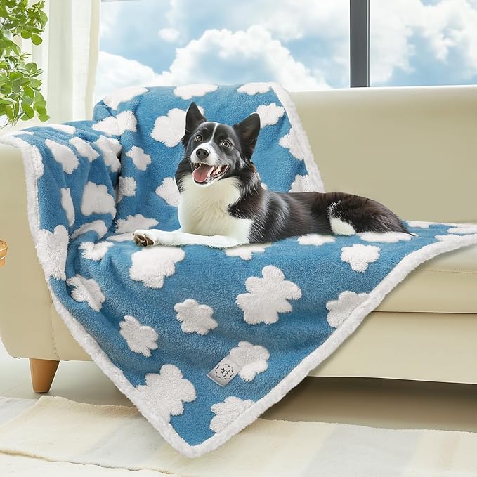 Luciphia Waterproof Pet Blanket for Medium Large Dogs Washable Fluffy Thick Jacquard Shag Fleece Warm Sherpa 3D Textured Flower Print for Cats Puppy Couch Protection (Blue Cloud,57x40 inches)