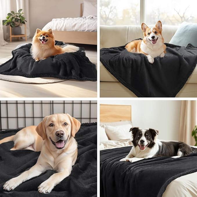 Luciphia Waterproof Bed Blanket Washable,Soft Sherpa Fleece Puppy Reversible Throw Blankets for Medium Large Dog Cat,Furniture Cover Protector Couch Bed from Liquid Pee and Pet Fur, Black,65" x 57"
