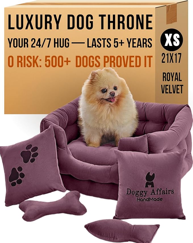 Luxury Dog Bed Chesterfield – Handcrafted Velvet Throne for Dogs | Joint Support, Calming & Temp-Regulating Comfort | Durable 5+ Years, Anti-Claw, Washable 100+ Times – XS, Purple