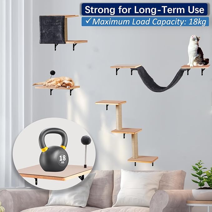 Cat Shelves for Wall, Solid Wood Cat Wall Furniture, with Cat's House, Bed, Hammock, Sisal Scratching Post Ladder (Dark Color)