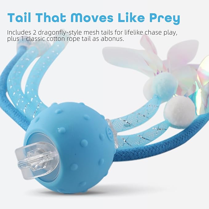 Interactive Cat Toys Ball for Indoor Cats with Elastic Mesh Net Tails – 3 Working Modes for Agile Movement, Motion Activated, USB-C Rechargeable, Ideal for Indoor Cats (Blue)