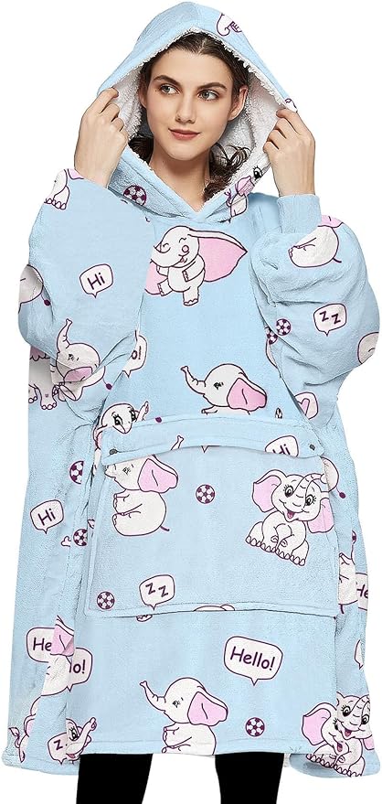 KFUBUO Wearable Blanket Hoodie for Adults Sherpa All Patterns Elephant Oversized Sweatshirt Blanket with Pockets Cute Hoodies Gifts for Women