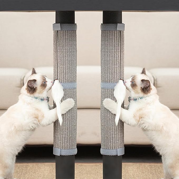 JanYoo 2 Pieces Cat Scratcher Cat Furniture Table Leg Protectors Sisal Cat Scratching Pad Mat Protecting with Hanging Toy(Grey)