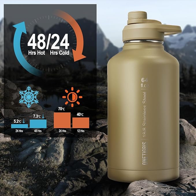 OneTigris Tactical Half Gallon Water Bottle with Straw - 64 oz Vacuum Insulated Stainless Steel Water Jug, Leakproof Sport Bottle with 3 BPA Free Lids, Paracord Handle & MOLLE Water Pouch for Outdoor