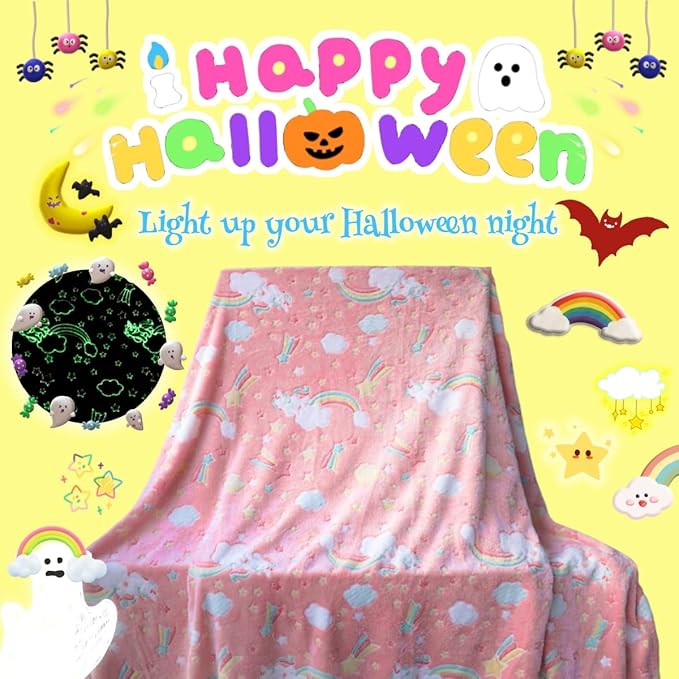 Best Gift Halloween Glow in The Dark Rainbow Throw Blanket with Storage Bag, Soft Throw Blanket for Girls Boys, Gifts for Birthday Christmas, Kids Blanket, Girls Blanket Home Travel Use, 60x50 Red