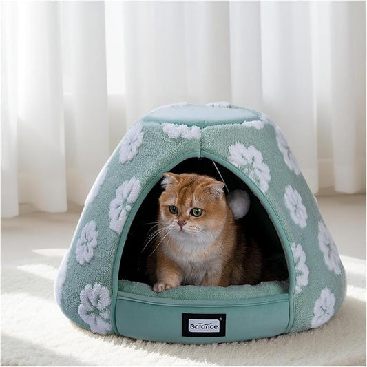 BALANCE Cat Beds for Indoor Cats, 2-in-1 Cat Bed Cave with Anti-Slip Bottom and Ultra-Soft Plush, Cozy Cats House Tent for Kittens and Small Dogs, 21 Inches, Green