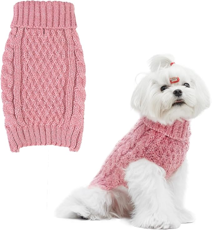 Turtleneck Small Dog Sweaters - Classic Cable Knitwear Winter Coat for Small Medium Dogs Male Female Puppy Dog Cold Weather Clothes Girls Boys, Light Pink, XS