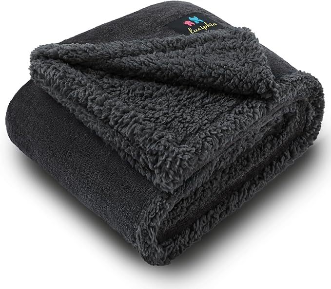 Luciphia Waterproof Bed Blanket Washable,Soft Sherpa Fleece Puppy Reversible Throw Blankets for Small Medium Dog Cat,Furniture Cover Protector Couch Bed from Liquid Pee and Pet Fur, Black,57" x 40"