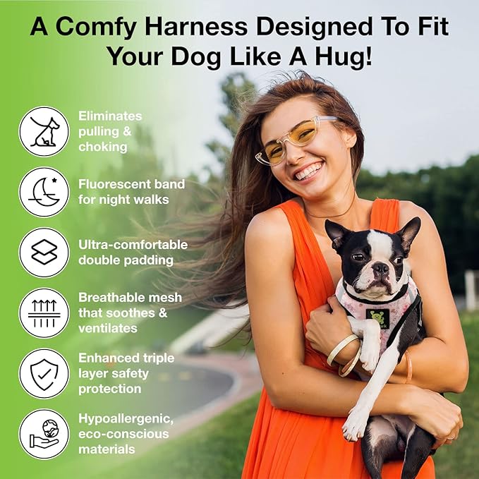 EcoBark Step in Dog Harness - Reflective Soft Luxurious Mesh Dog Harnesses for XXS, XS, Small, and Medium Dogs - Eco-Friendly Comfort Secure Halter No Pull Adjustable Pet Vest (Floral, Medium)