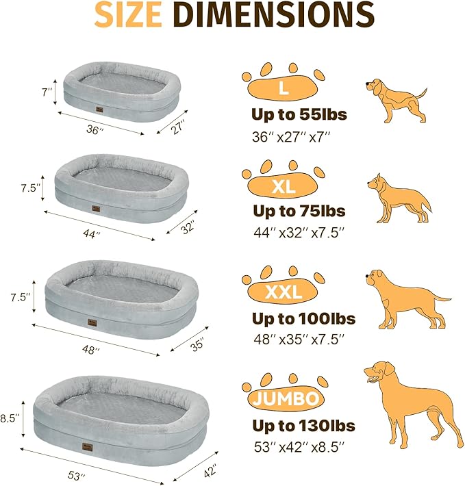 Orthopedic Washable Large Dog Bed: Cooling Dog Bed with Bolsters - Jumbo Bed Waterproof Removable Cover Non-Slip Pet Bed for Extra Large Sized - Silver