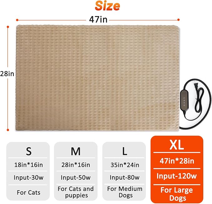 Cat Heating Pad, Waterproof Heated Cat Dog Bed with Adjustable Temperature & Timer, Electric Pet Mat for Indoor Cats Dogs, Chew Resistant Steel Cord（Extra Large : 47"x28" Brown）