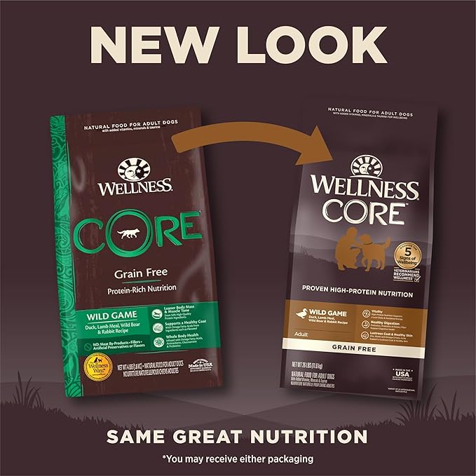 Wellness CORE Grain-Free High-Protein Dry Dog Food, Natural Ingredients, Made in USA with Real Meat, All Breeds, For Adult Dogs (Wild Game Duck, Lamb Meal, Boar & Rabbit, 26-Pound Bag)