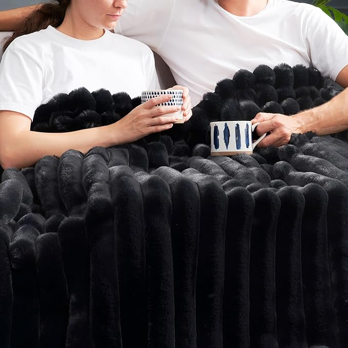 Cozy Bliss Faux Fur Throw Blanket for Couch, Cozy Warm Plush Striped Blanket for Sofa Bedroom Living Room, 108 * 90 Inches Black