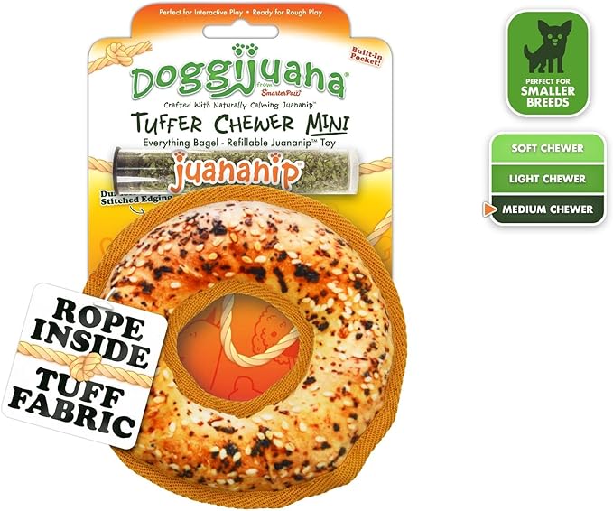 Doggijuana Tuffer Chewer Mini Plush Dog Toy | Funny Dog Toy Plush with Juananip Catnip for Dogs | Calming Aid for Dogs | Interactive Squeaky Chew Toy for Play (Bagel)