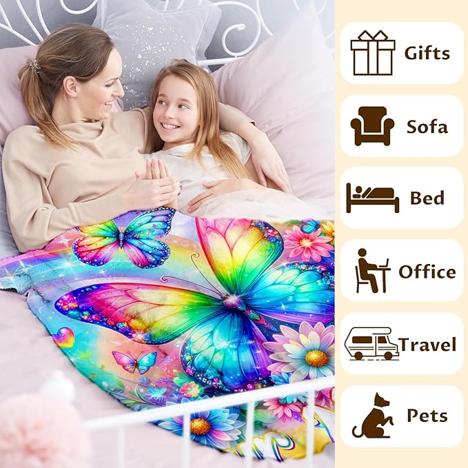 Girls Butterfly Blanket Gift Personalized Throw with Name for Kids Teens, 50x60 Inches Soft Warm Aesthetics Custom Throw Blankets for Sofa Couch Bed Travel